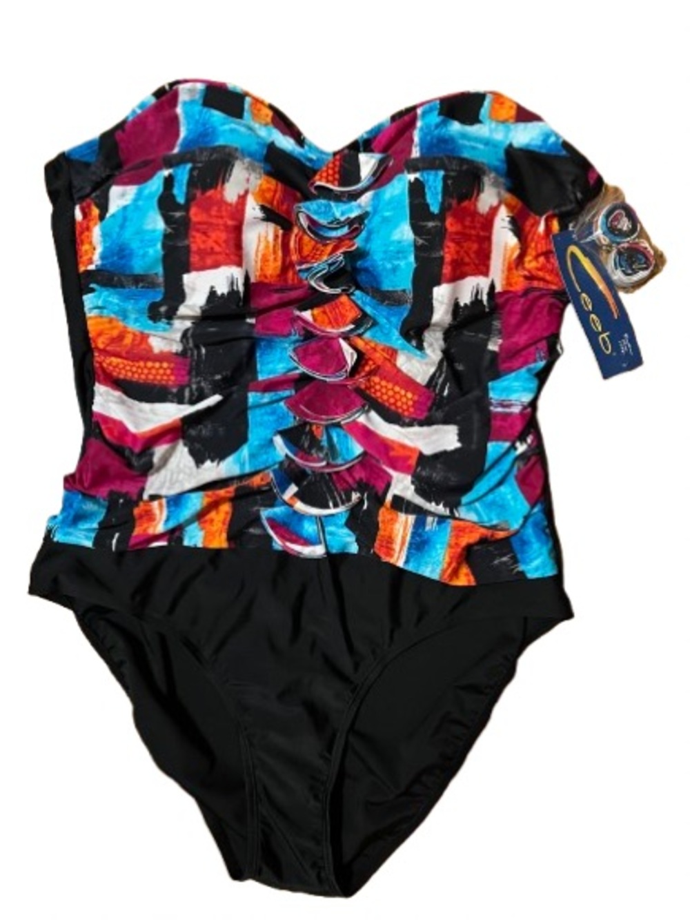 NWT Ceeb Multi-Color Abstract One-Piece Swimsuit with Black Bottom Size 22W